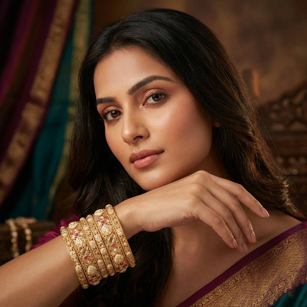 Royal Antique Gold-Plated Polki & Pastel Meenakari Bangle Set : BV-BG-13-24