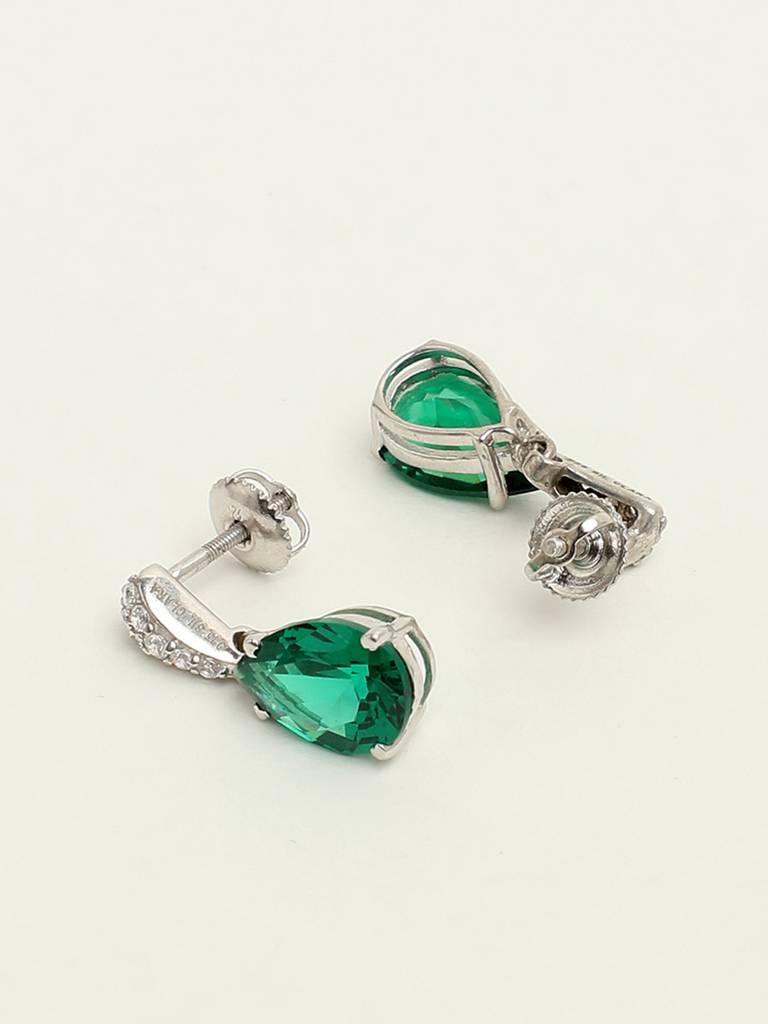 92.5 Sterling Silver Rhodium Plated Swiss Zirconia Dark Green Tear Drop Earrings With Screw Back Gift For Women : CSCLRE4PR_EM