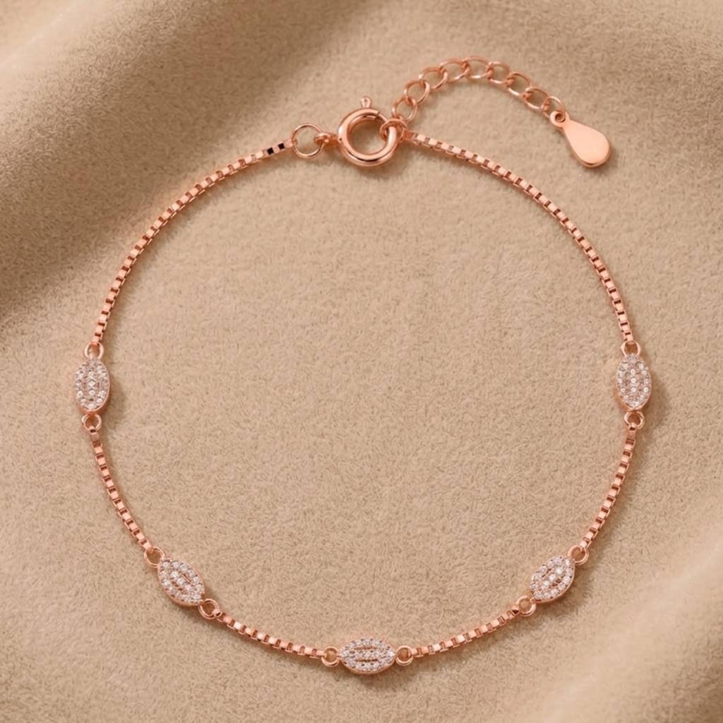 Premium Minimalist Rose Gold Pave Oval Station Anklet On Delicate Box Chain : AK1142