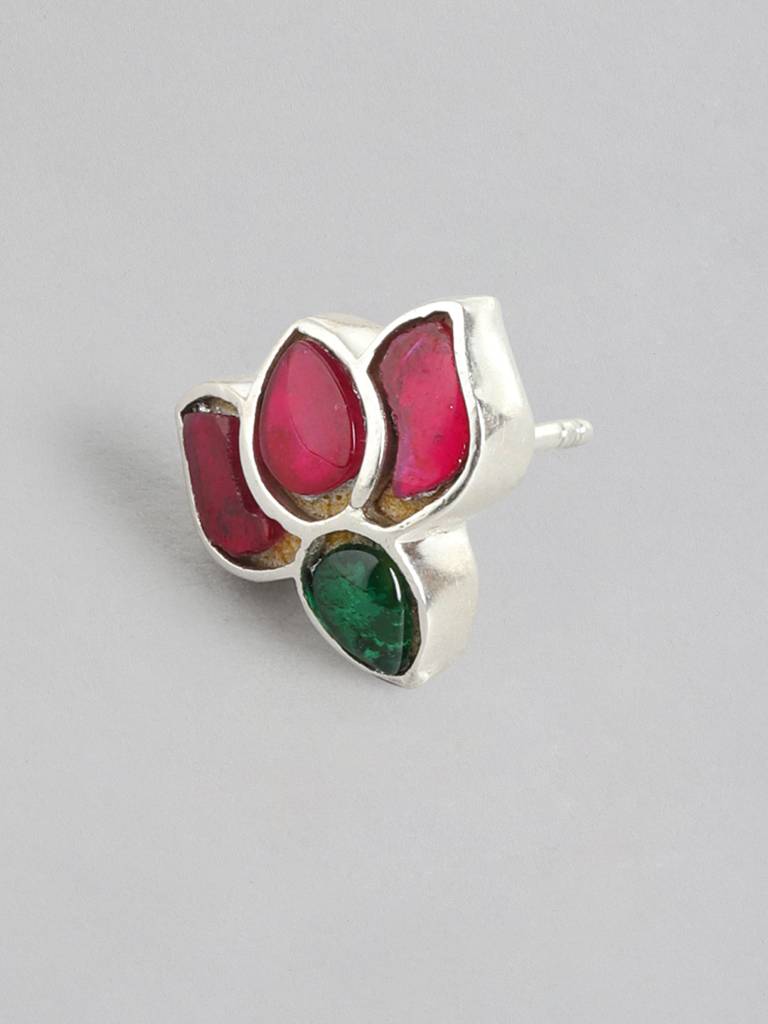 92.5 Silver Crimpson Kundan Lotus Stud Earrings : 92.5 Silver Crimpson Kundan Lotus Stud Earrings : 92.5 Silver Crimpson