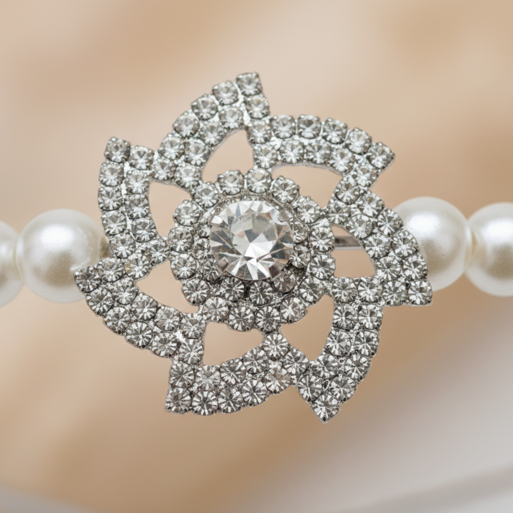 Pearl Headband For Women – White Faux Pearl Hair Hoop With Crystal Flower Accents – Elegant Bridal Hair Accessori : M4SK-HB-14