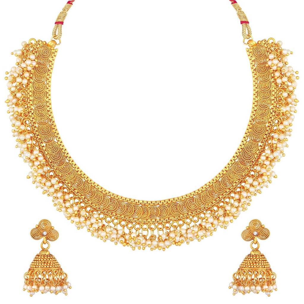 Peora Traditional Gold Plated Brass Alloy Rice Pearl Studded Festive Bridal Short Necklace Choker With Jhumki Earri : PF04N107