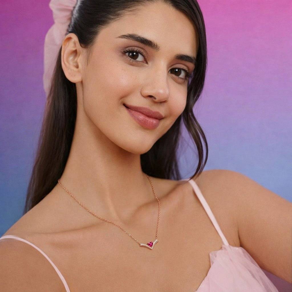 Ruby Heart Glow Rose Gold Plated 925 Silver Necklace : NL-30452-RG