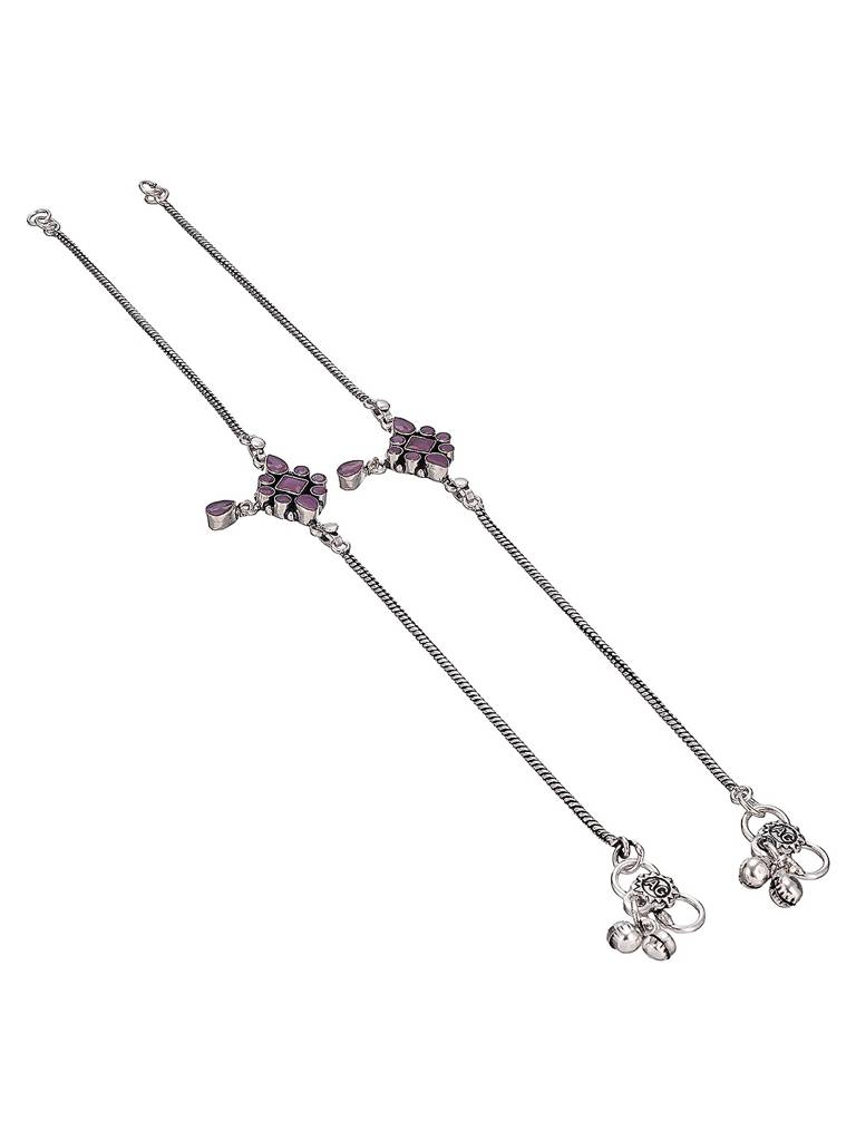 Silver Toned Pink Crystal Stones Embeded Geometric Charm Delicate Payal Anklet : SJPL2874