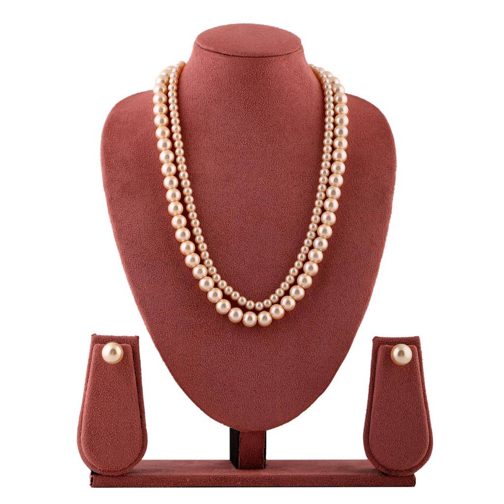 Estele Rhodium Plated Glowing Double Line Pearl Necklace Set For Women