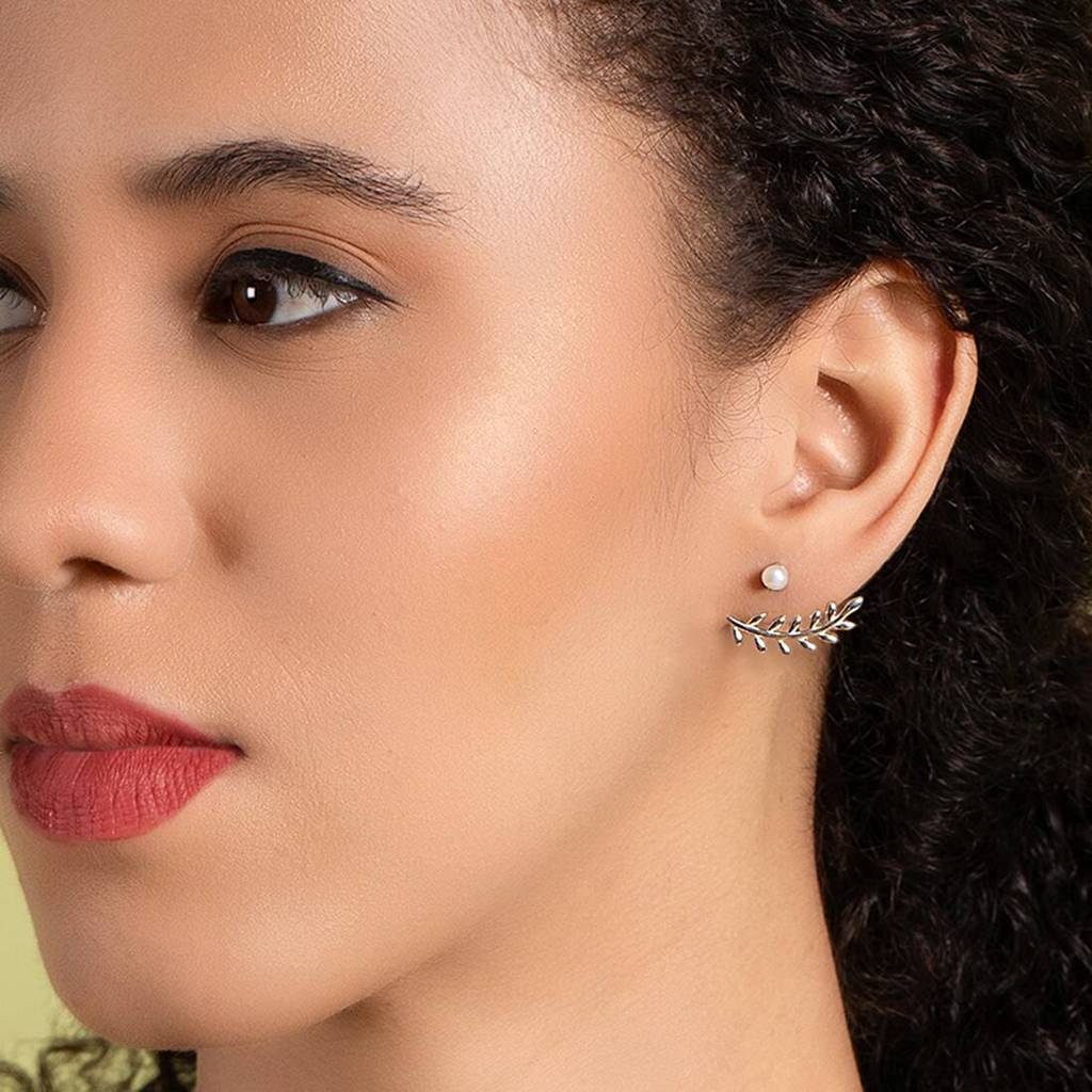 Leafy Pearl Two-Way Rhodium Plated 925 Sterling Silver Studs : EAR-20359