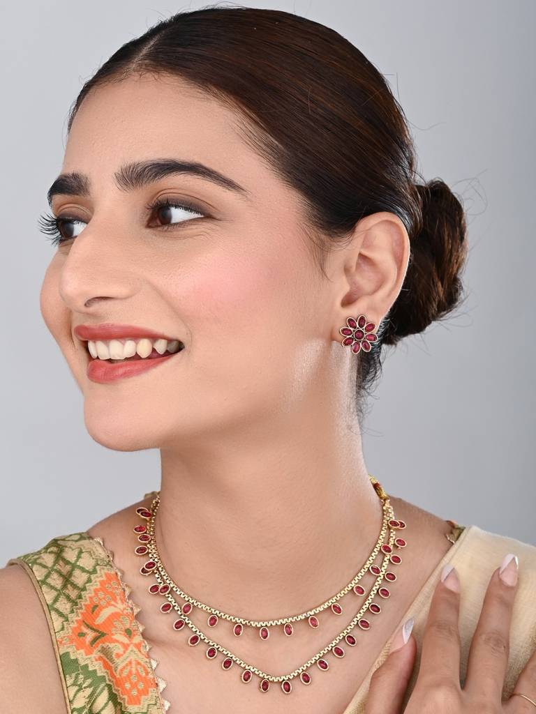 Gold Plated Delicate Double Layered Necklace Set : S24MRNKS485RED