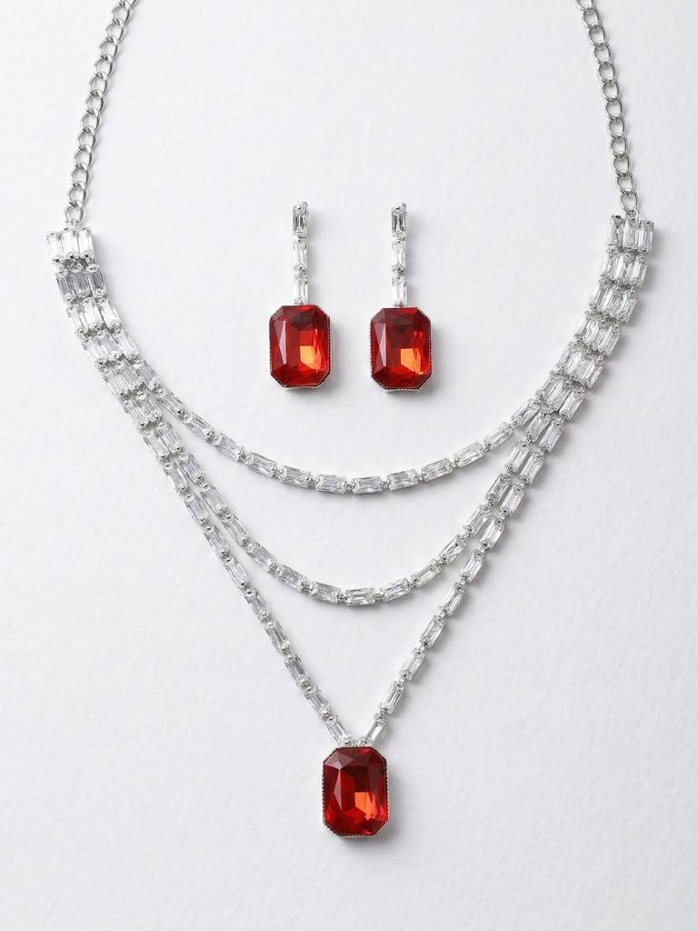 Ruby Red Stone Layered Crystal Necklace And Earrings Set For Women : REDTRIPLENS