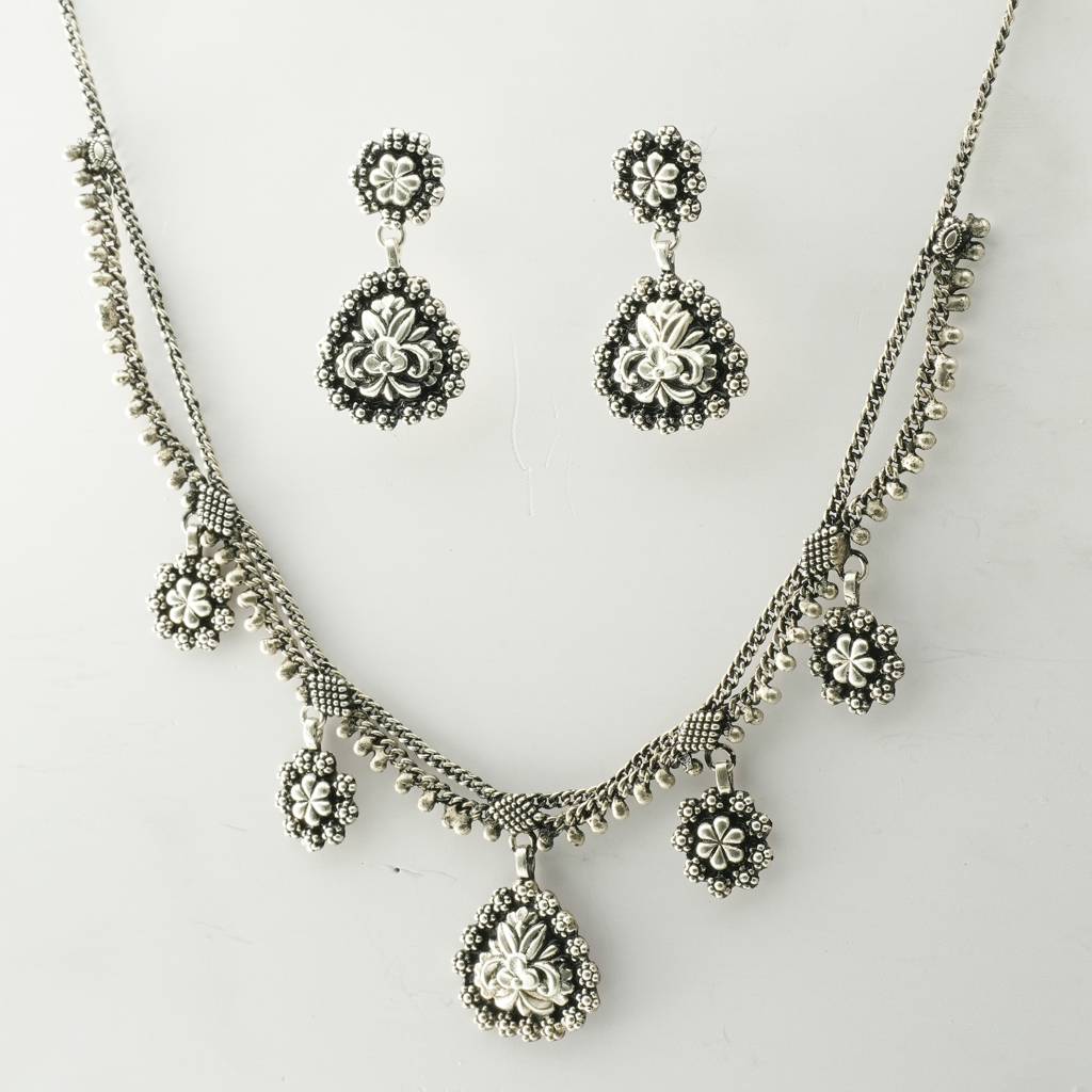 925 Pure Silver Antique Necklace & Earrings Set | Oxidized Silver Necklace Set : NL1015A