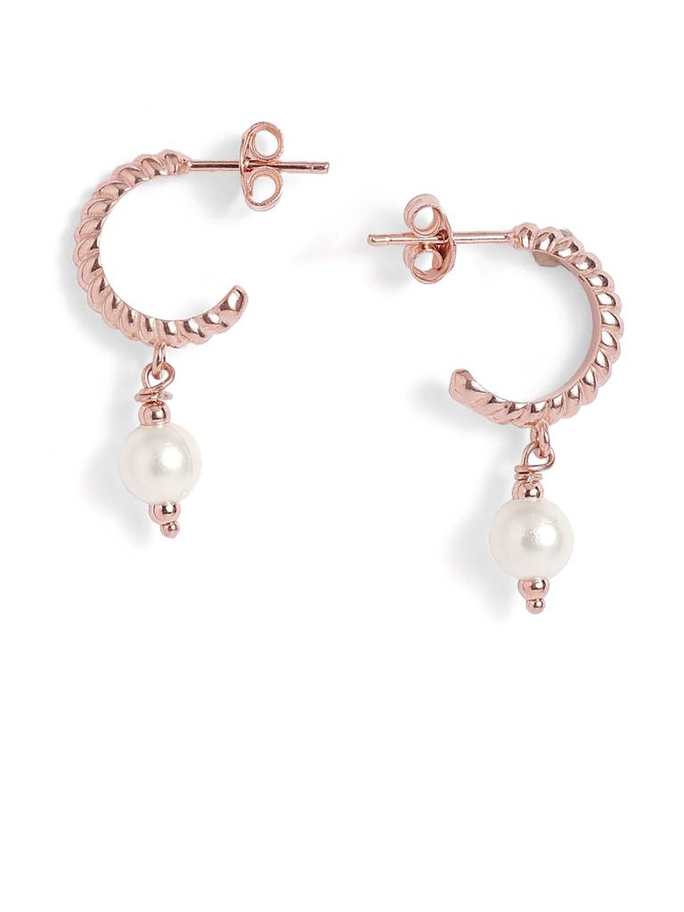 18Kt Rose Gold Plated Dangling Pearl Geometric Half Hoop Earring : FJE5877