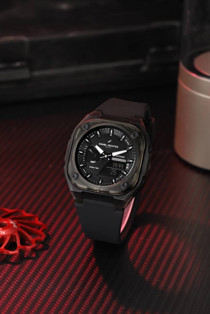 Paris Tech Collection Analog-Digital Sports Watch For Men – Black Dial, Silicone Strap, World Time & Countdown Ti : DHM1071-02