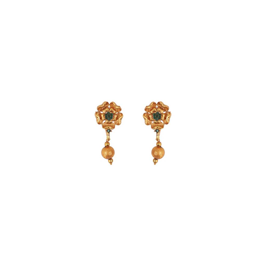 Gold Plated Multilayer Brass Mala Necklace Set With Flower Earrings : MalaGreen01