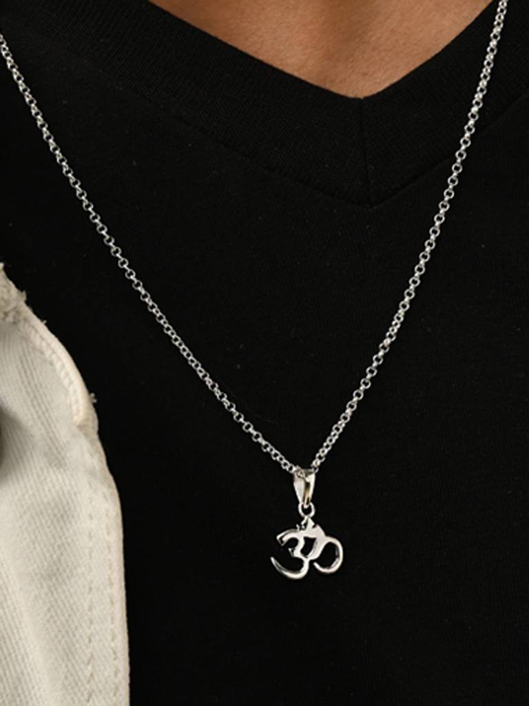 925 Silver Platinum Plated Religious Om Men Pendant Necklace With Chain Gift For Men & Boys : CSMNP10