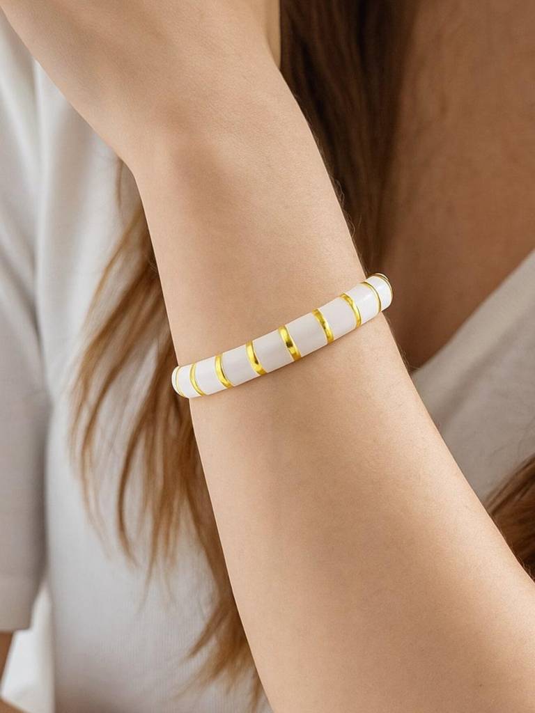 Ivory Stripe Enamel Gold Bracelet | Anti-Tarnish Everyday Bangle : ATB681WSEB