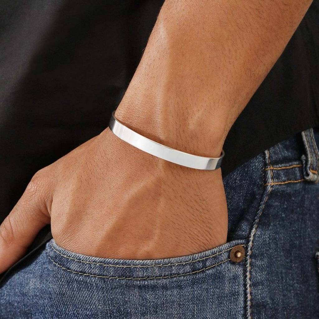 Classic Rhodium Plated 925 Sterling Silver Men'S Cuff Bracelet : BR-80421-R