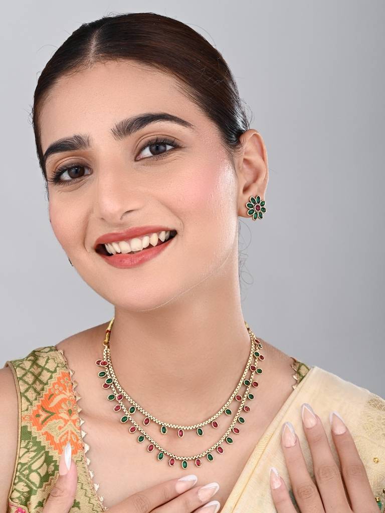 Gold Plated Delicate Double Layered Necklace Set : S24MRNKS485MLT
