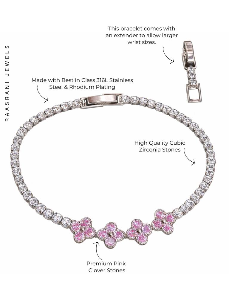 Pink & Silver Clover Cz Bracelet | Anti-Tarnish Everyday Bracelet : S925B742PSCSB