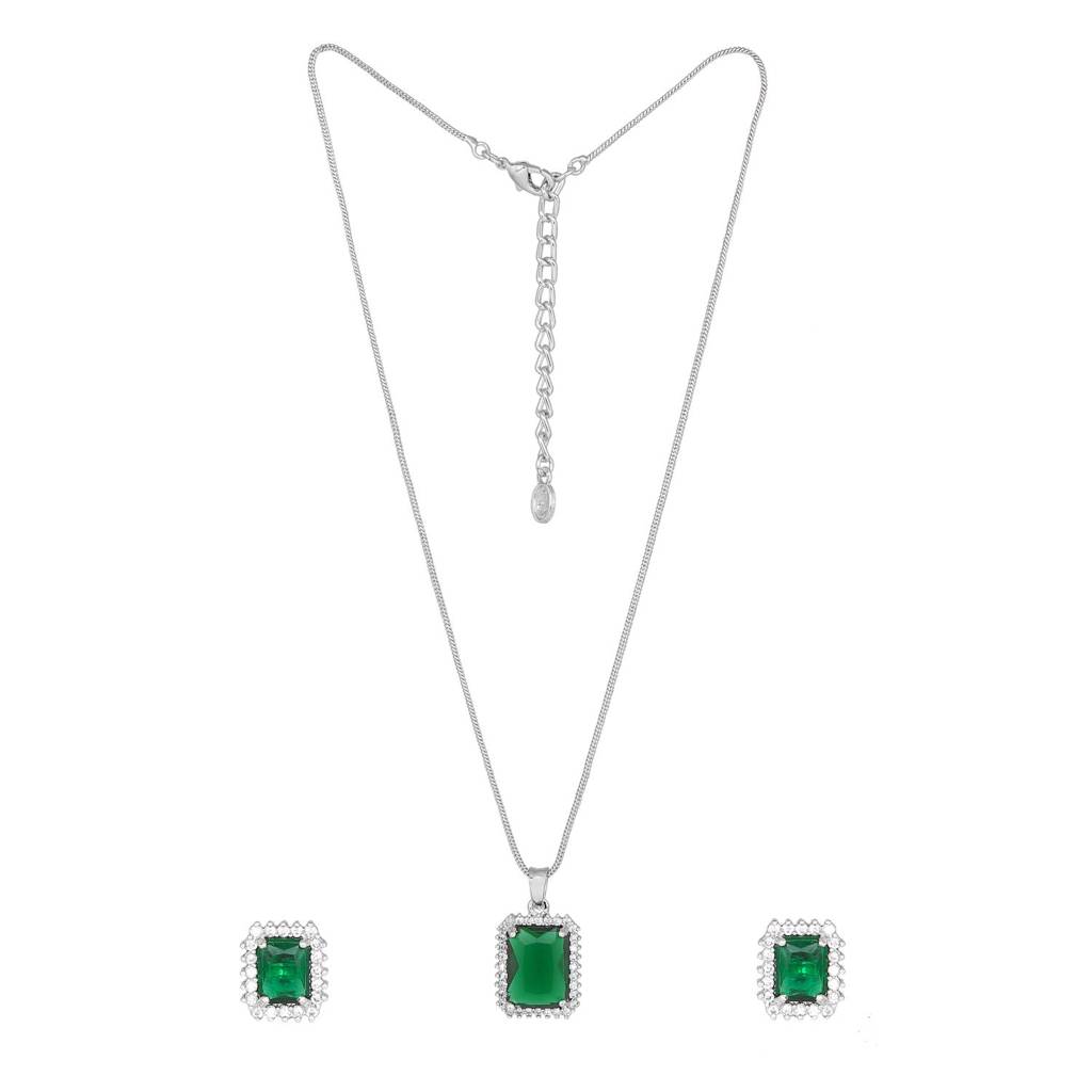 Estele Rhodium Plated Cz Square Designer Pendant Set With Emerald Stone For Women