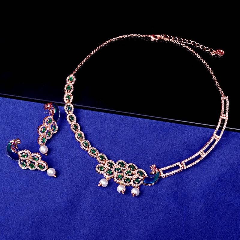 Designer Finish Cz Necklace & Earrings Set | Peacock-Inspired Motif | Occasion Wear : AD-917-RGGNNKER