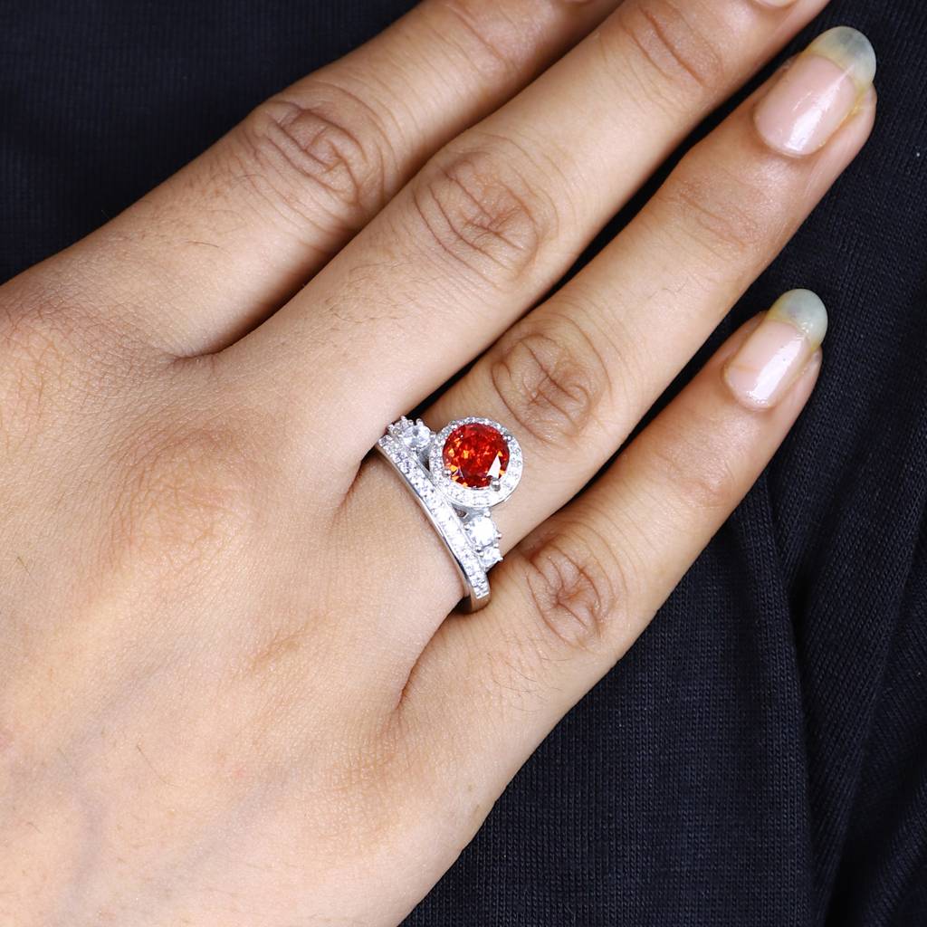 Women'S Fiery Orange Gemstone Ring – Halo Design With Sparkling Accents : RN-SL-10021-1-W