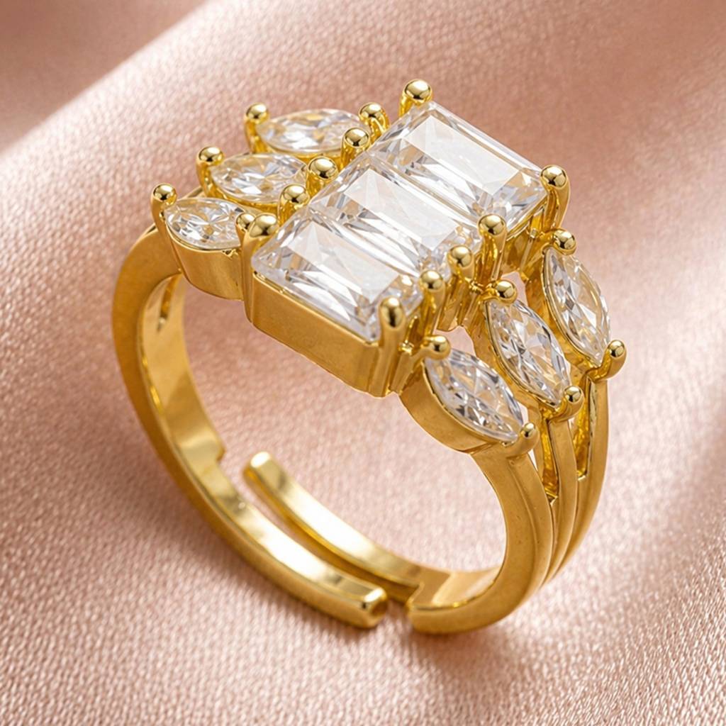 Royal Emerald Cut Crystal Statement Gold Anti-Tarnish Ring For Women : HSPS60MB1822