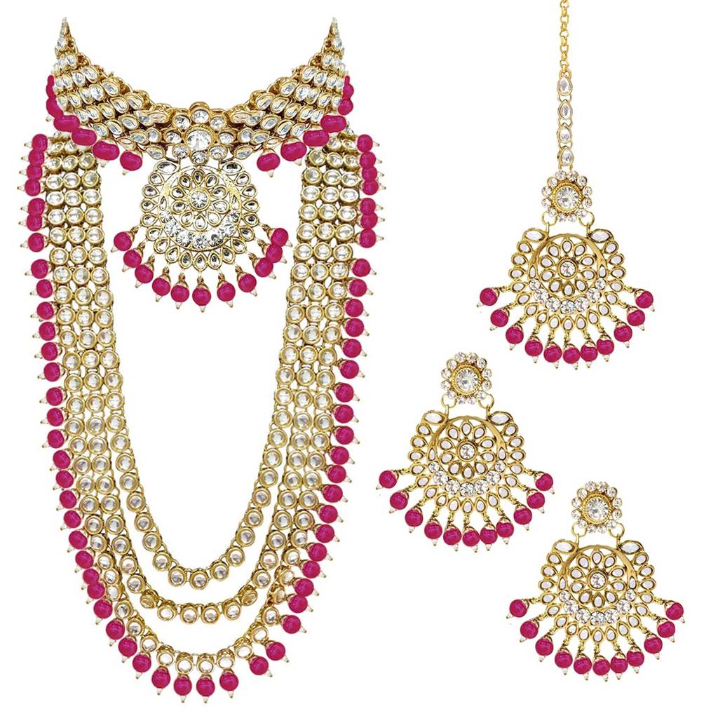 Peora Gold Plated Kundan & Rani Pink Faux Beads Studded Bridal Jewellery Set Gift For Women : PF25BR106RP