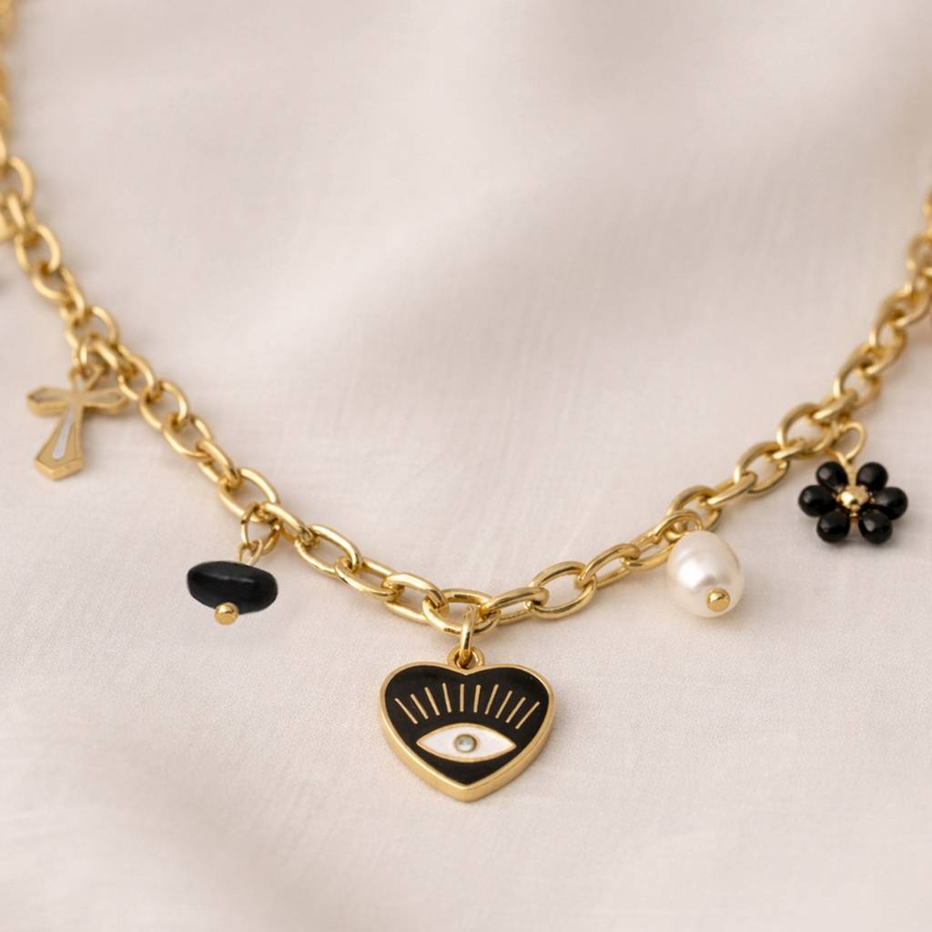 Gold-Plated Trendy Chunky Chain With Heart & Cross Charms Anti-Tarnish Pendant Necklace : HSPS60MB1568