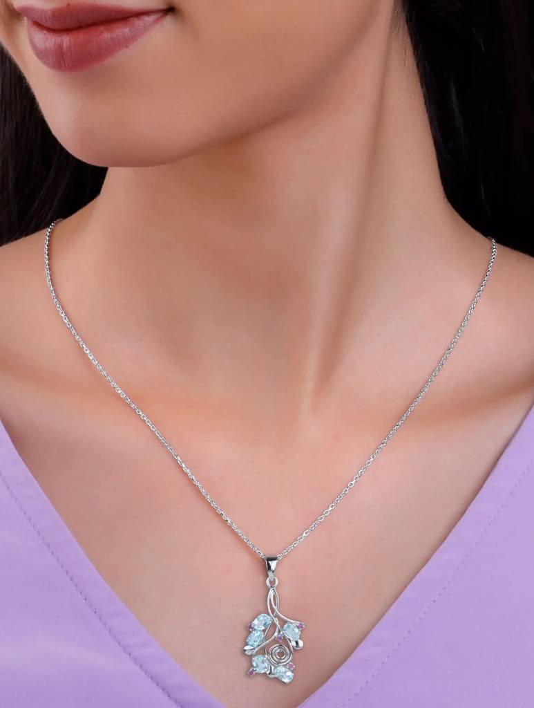 925 Sterling Silver Blue Topaz Pendant With 18 Inch Chain Handmade Gemstone Necklace For Women Elegant Jewelry Gift : FU-1055