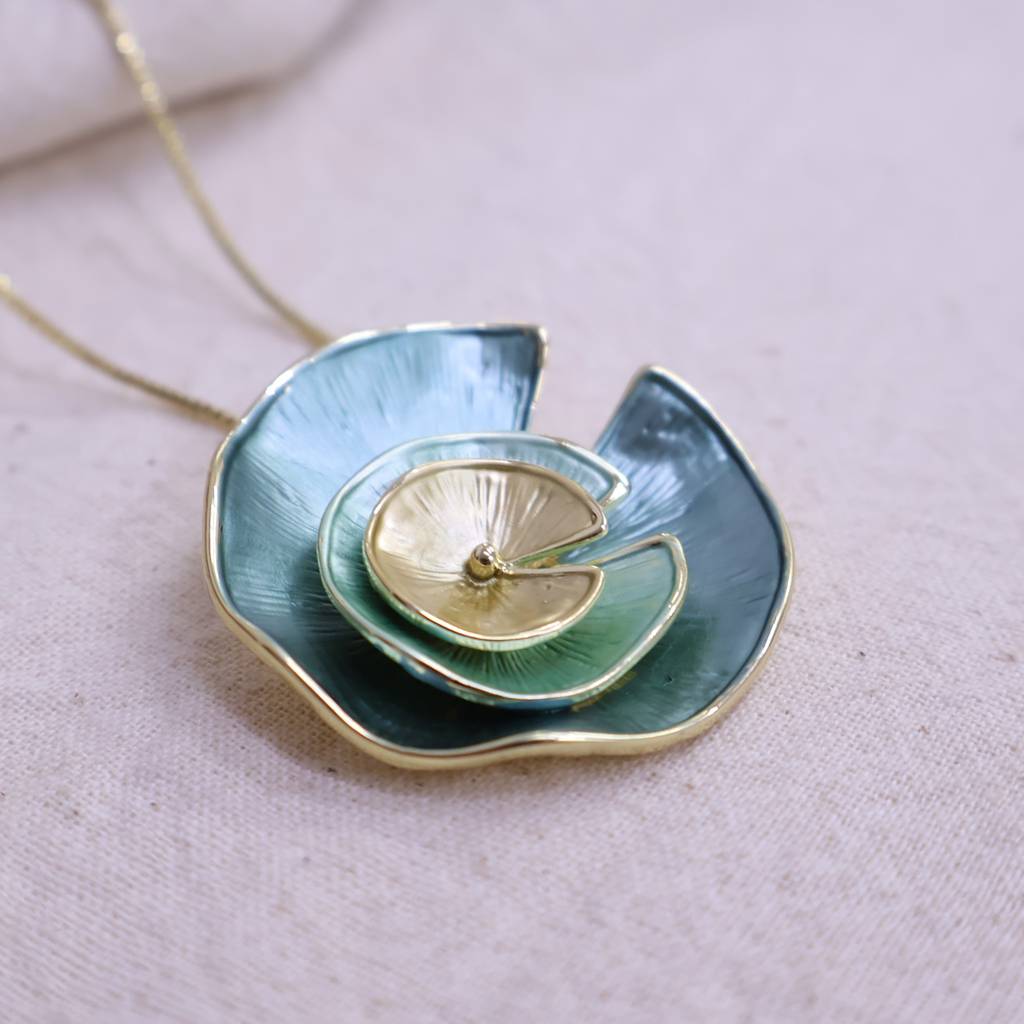 Women’S Spiral Disc Statement Necklace Set | Designer Teal & Gold Fashion Jewelry : LJPS004