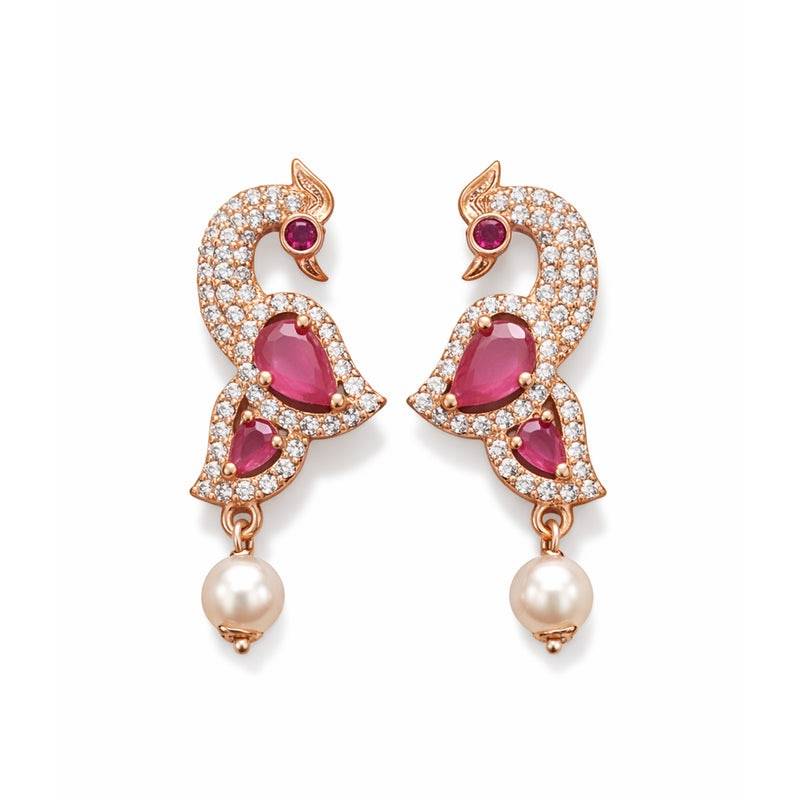 Partywear Peacock Motif Drop Earrings|Cz Ruby Rose Gold Finish With Pearl Drops For Women : AD-911RGRBEER