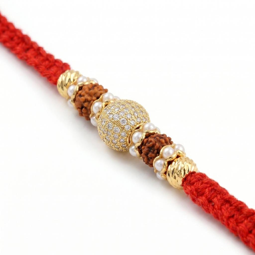 Royal Rudraksha Crystal Rakhi For Brother | Premium Designer Rakhi With Crystal Sphere, Rudraksha & Pearl Accents  : RAKHI_013
