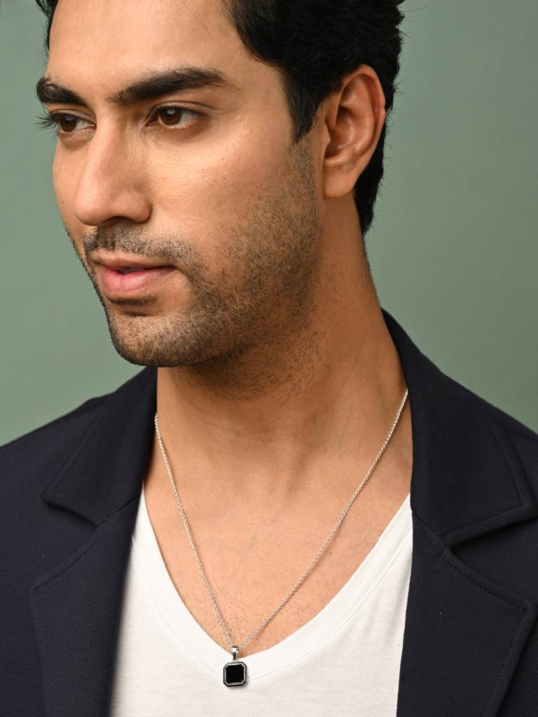 925 Silver Platinum Plated Swiss Zircon Black Onyx Men Pendant Without Chain Gift For Men & Boys : CSMNP22_NOCHAIN