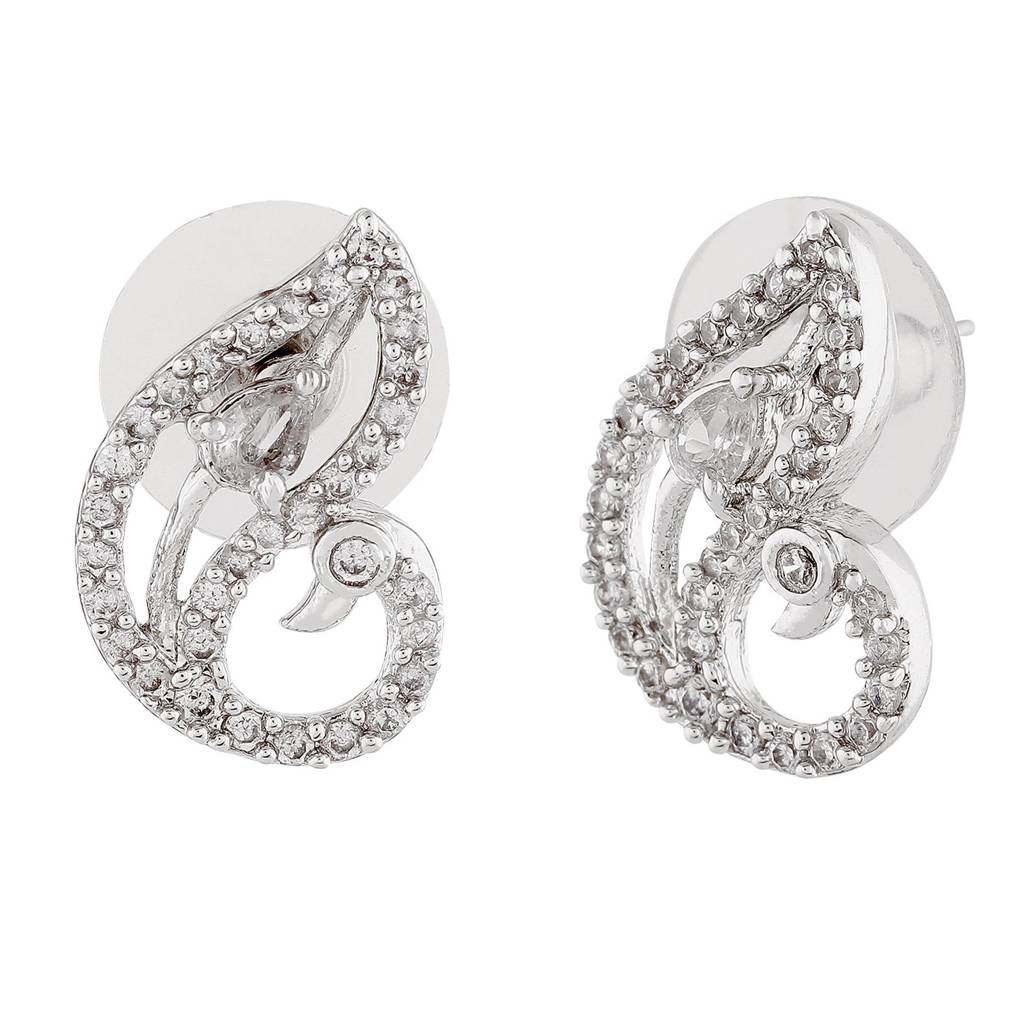 Estele Rhodium Plated Cz Peacock Designer Stud Earrings For Women