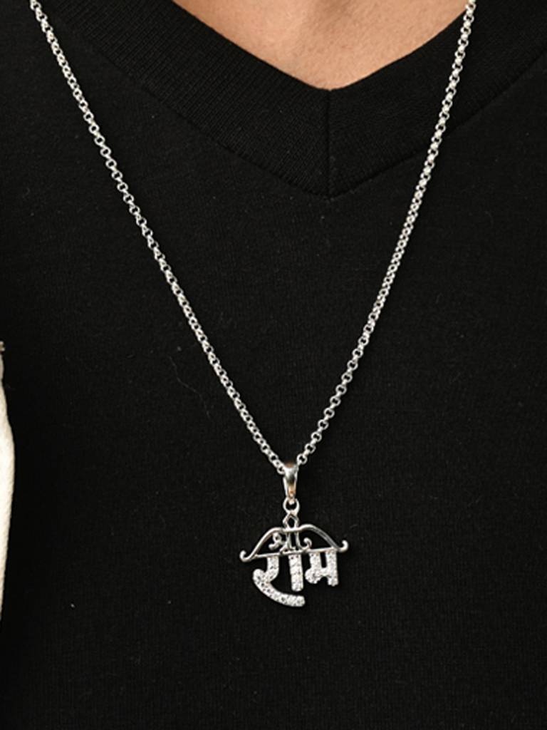 925 Silver Platinum Plated Swiss Zircon Shri Ram Men Pendant Necklace With Chain Gift For Men & Boys : CSMNP14