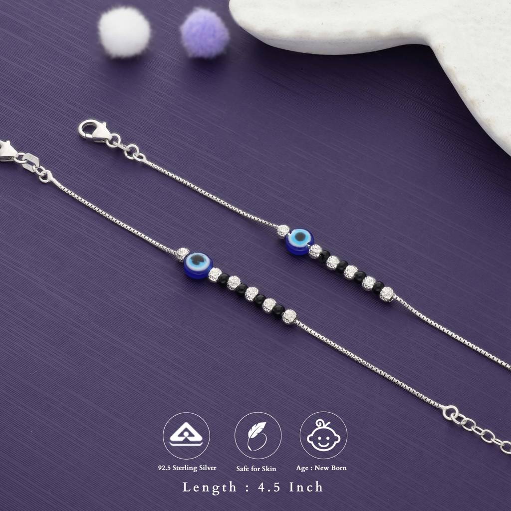 Iyal Guardian Black Beads 925 Silver Kids Anklet (Newborn) : KA-KC-RH-B-237-P