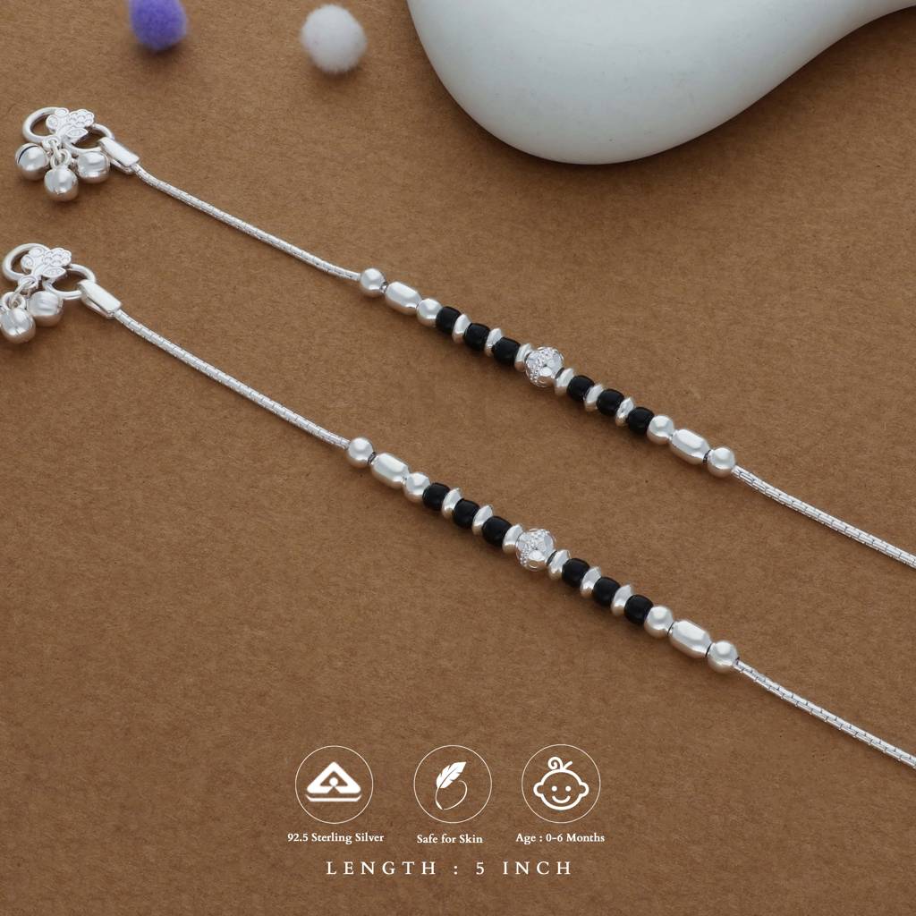 Black Beaded Traditional 925 Silver Kid Anklet (0–6 Months) : KA-TU-RH-R-115-P