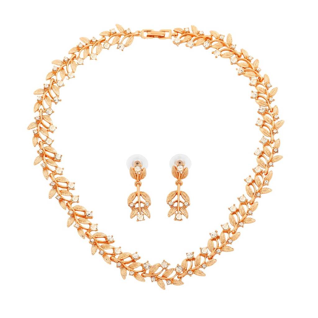 Estele Rose Gold Plated Sparkling Necklace Set With White Austrian Crystals For Women