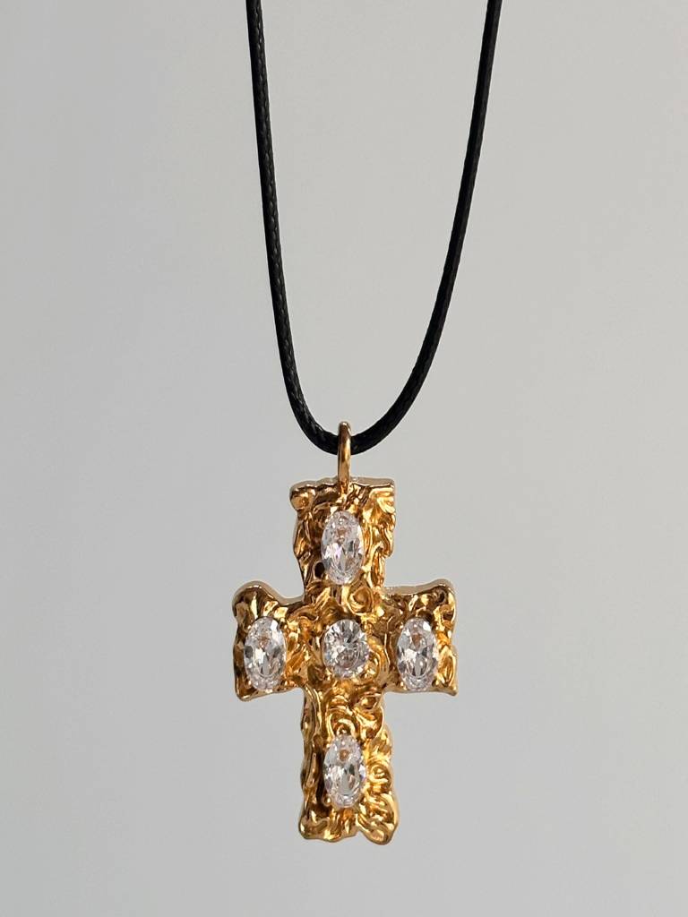 Mens Hammered Cross Pendant Necklace With Black Cord 18K Gold Plated Waterproof Anti-Tarnish : ADZ0925P515G_M