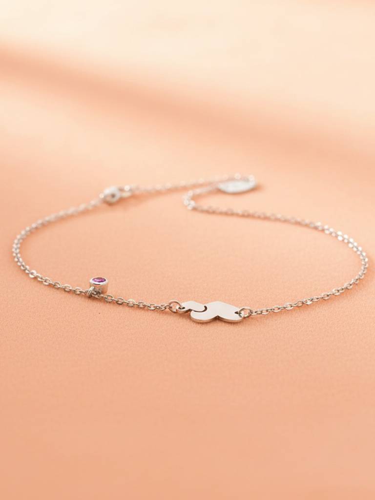 The Amour Bond Double Heart & Amethyst-Hued Silver Anklet : AK1136