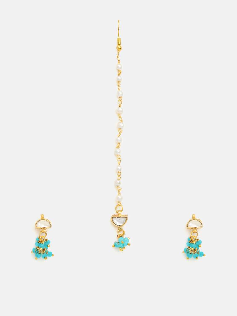 Ruby Raang Semi-Circle Gold Blue Earrings Set With Maang Tikka : RRKDEC25-15