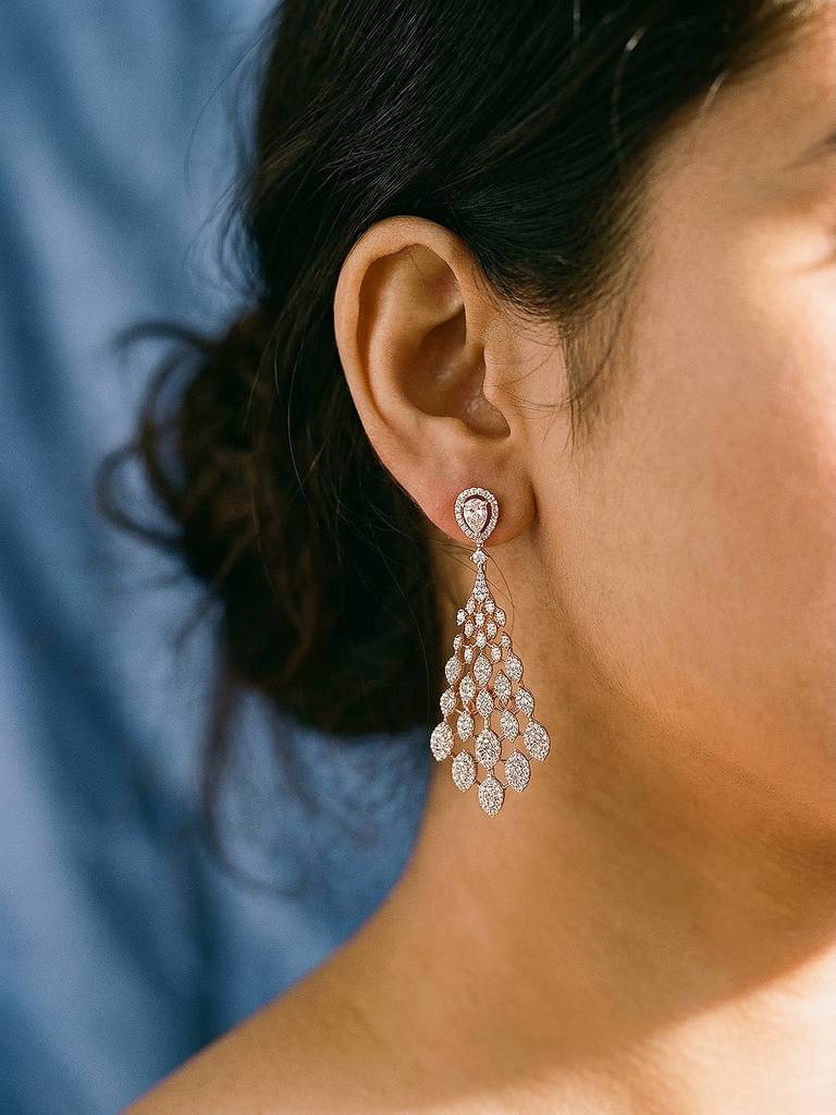 Rose Gold Plated Ad Zircon Studded Delicate Dropdown Chandelier Earrings : SJER2925