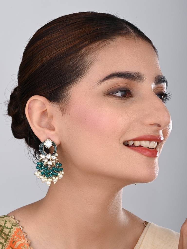 Gold-Plated Meenakari Stud Earrings With Kundan & Pearl Cluster Drops : S24FAER408TEA
