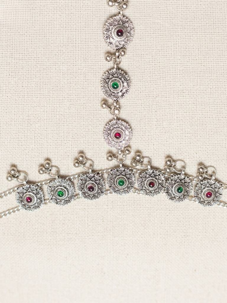 Women Oxidised Silver-Plated Kundan Stone-Studded Anklet With Toe Ring : VI26ANK10008