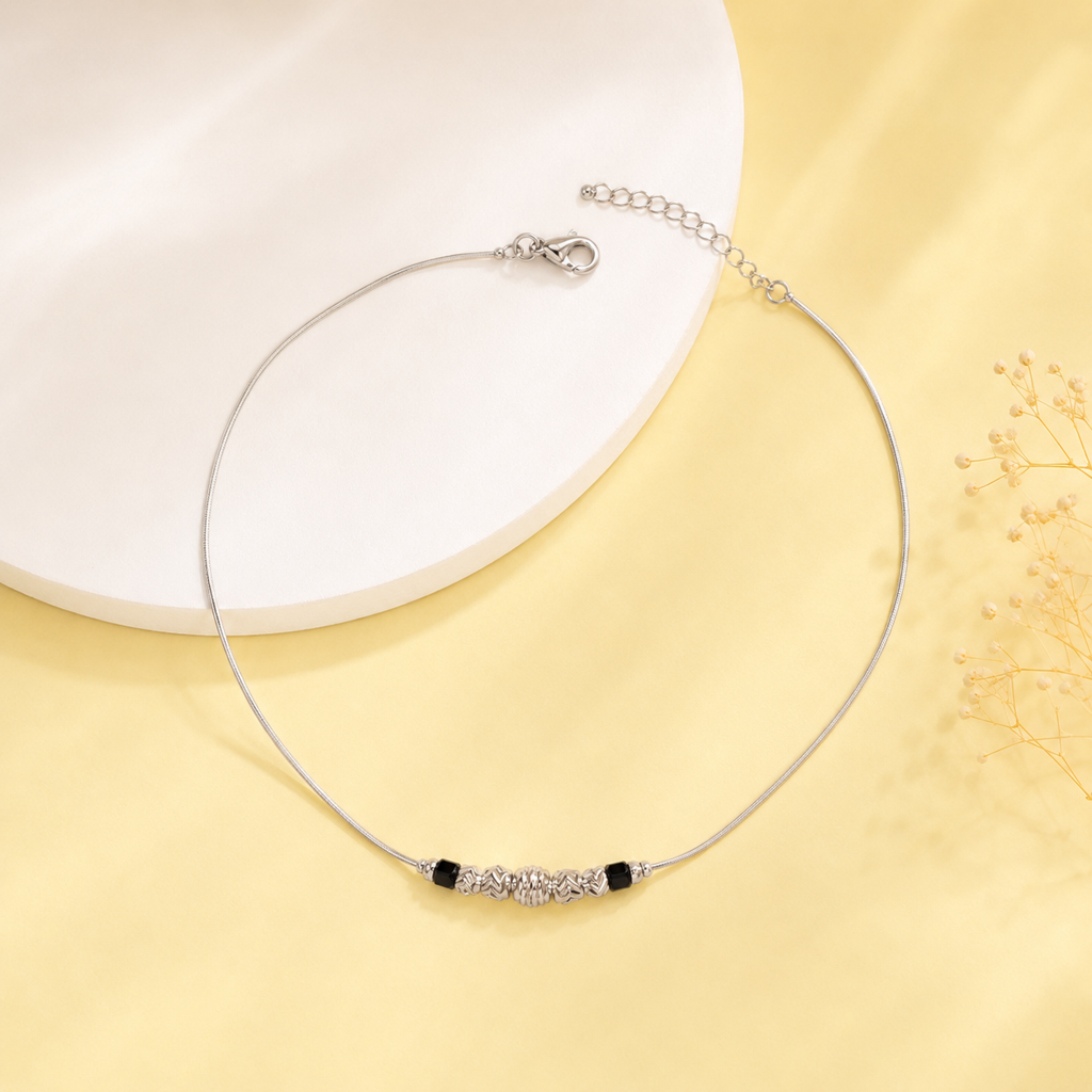 Silver Black Bead Minimal Anklet : AN03635