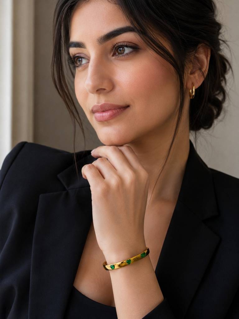 Emerald Heart Cz Gold Bracelet – Waterproof Anti Tarnish Bangle : ATB919GHS