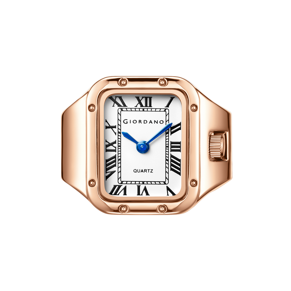 Analog Ring Watch For Women With Rectangular Dial, Roman Numeral Markers, Blue Hands, Quartz Movement And Stainl : GZ-60186-22