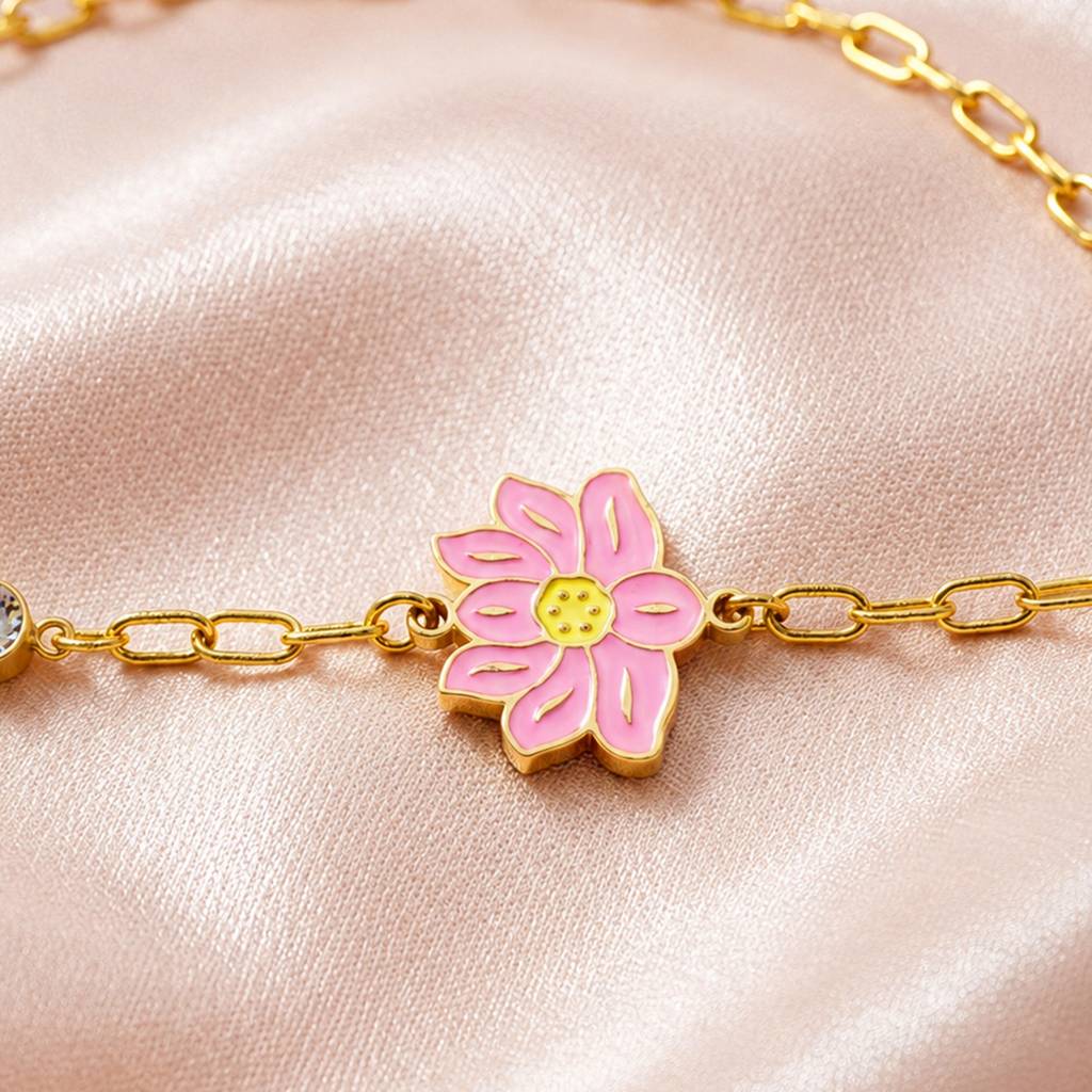 Pink Floral Crystal Chain Gold-Tone Anti-Tarnish Bracelet For Women : JW-HSPS60MB2018
