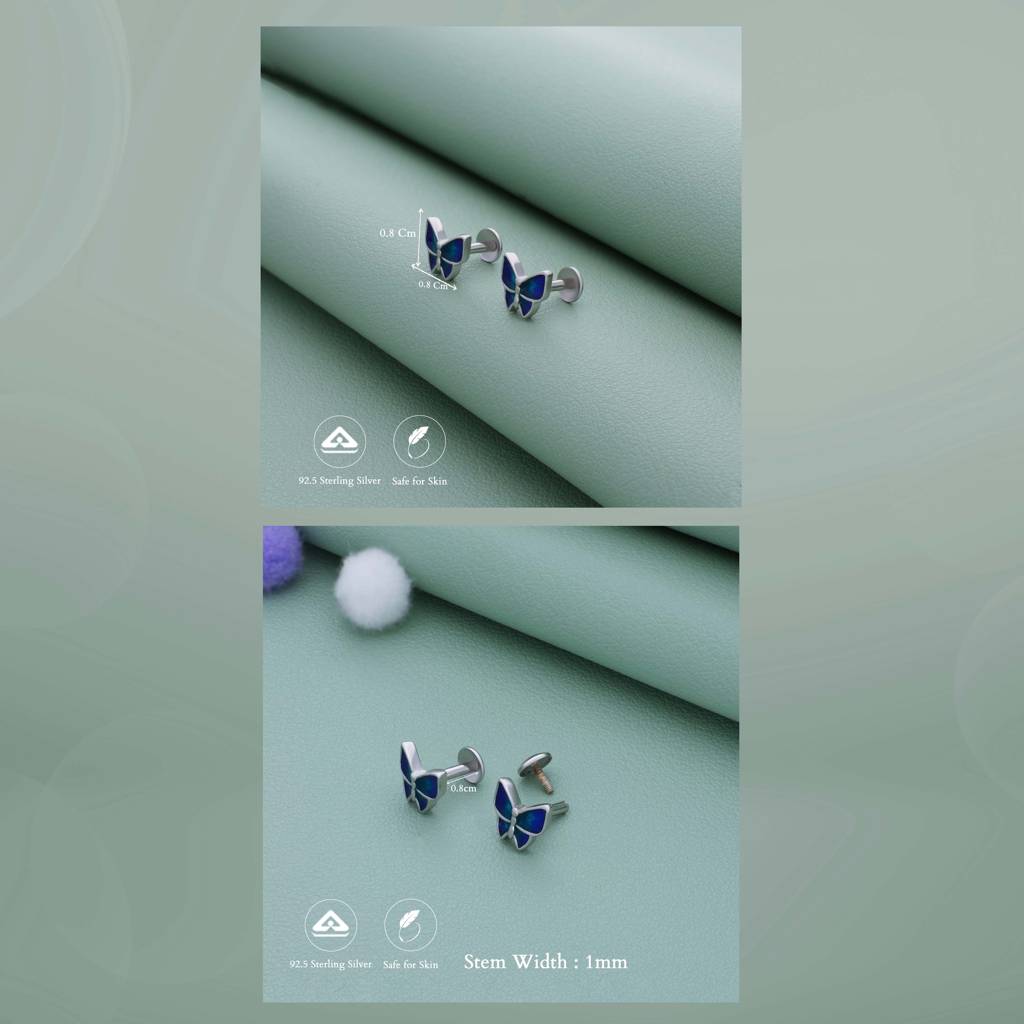 Classic Blue Butterfly 925 Silver Stud Earring : EA-ST-RH-A-154-P