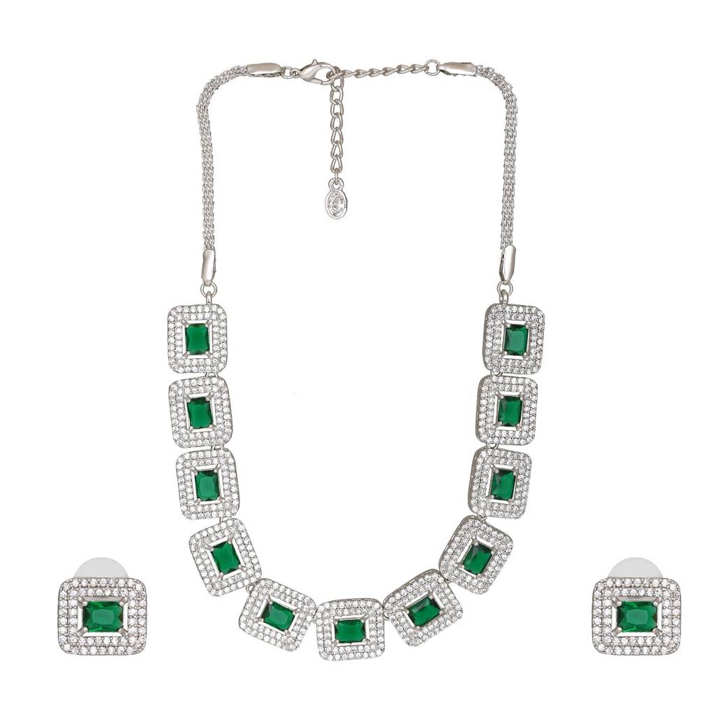 Estele Rhodium Plated Cz Beautiful Necklace Set With White & Green Crystals For Women