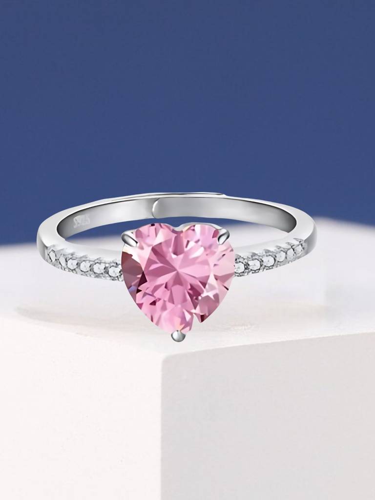 925 Sterling Silver Pink Stone Heart Ring I Solitaire Finger Ring I Adjustable Silver Ring : B0DF5HDTRP